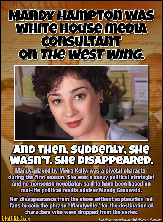 MANDY HAMPTON WAS WHITE HouSE MeDIA CONSULTANT on THE WEST WING. AND THEN, SUDDENLY, SHE WASN'T. SHE DISAPPEARED. Mandy, played by Moira Kelly, was a