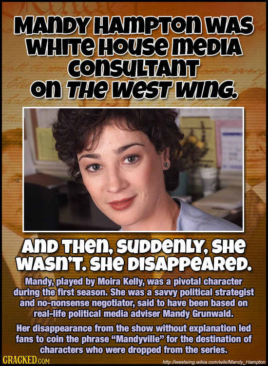 MANDY HAMPTON WAS WHITE HouSE MeDIA CONSULTANT on THE WEST WING. AND THEN, SUDDENLY, SHE WASN'T. SHE DISAPPEARED. Mandy, played by Moira Kelly, was a 