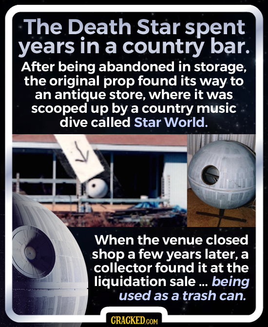 The Death Star spent years in a country bar. After being abandoned in storage, the original prop found its way to an antique store, where it was scoop