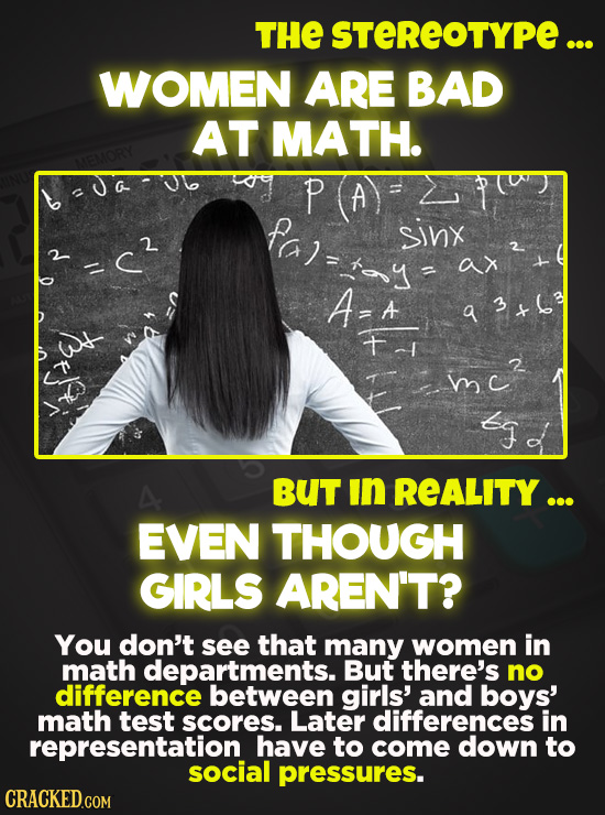 THE STEREOTYPE ... WOMEN ARE BAD AT MATH. MEMORY A FC sinx ax a 3+6 me? Ls 4 BUT in REALITY ... EVEN THOUGH GIRLS AREN'T? You don't see that many wome