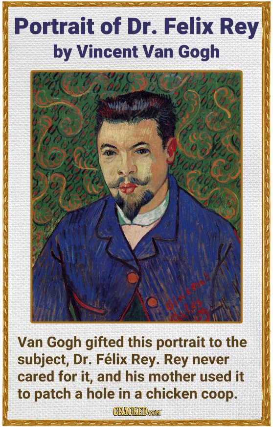 Portrait of Dr. Felix Rey by Vincent Van Gogh Van Gogh gifted this portrait to the subject, Dr. Felix Rey. Rey never cared for it, and his mother used