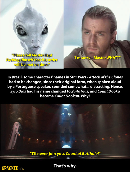 4Please tell Master Kept I'm sorry-- Master WHAT? Fucking Himself that his order will be met on time In Brazil, some characters' names in Star Wars