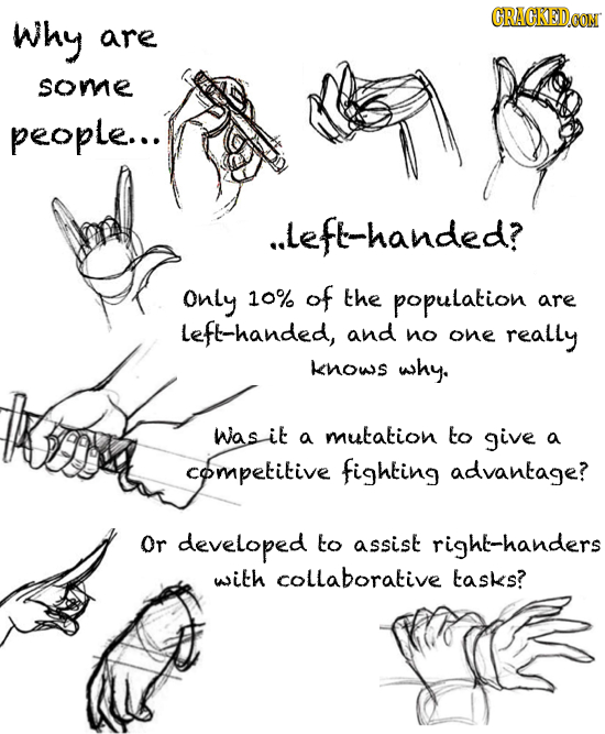 CRACKEDCO why are some people... ..Left-handed? Only 10% of the population are Left-handed, and no one really knows why. Was it a mutation to give a c