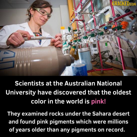 CRACKEDo COM DES Scientists at the Australian National University have discovered that the oldest color in the world is pink! They examined rocks unde
