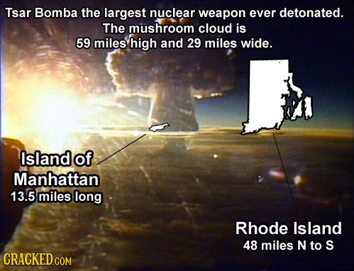 Tsar Bomba the largest nuclear weapon ever detonated. The mushroom cloud is 59 miles high and 29 miles wide. Island of Manhattan 13.5 miles long Rhode