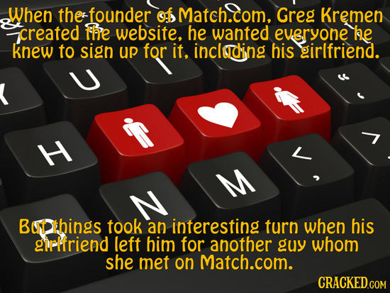 When the founder of Match.com, Greg Kremen created fhe website, he wanted everyone he knew to sign UP for it, including his girlfriend. H M But things