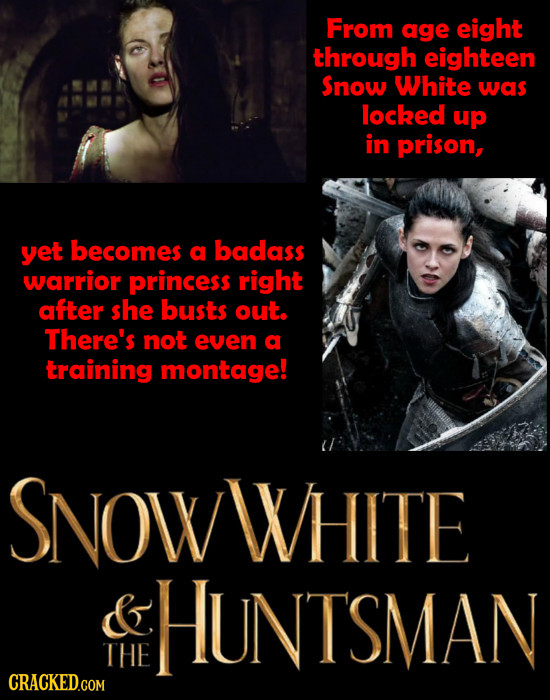 From age eight through eighteen Snow White was locked up in prison, yet becomes a badass warrior princess right after she busts out. There's not even