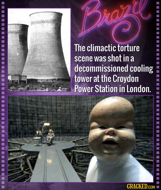 The climactic torture scene was shot in a decommissioned cooling tower at the Croydon Power Station in London.
