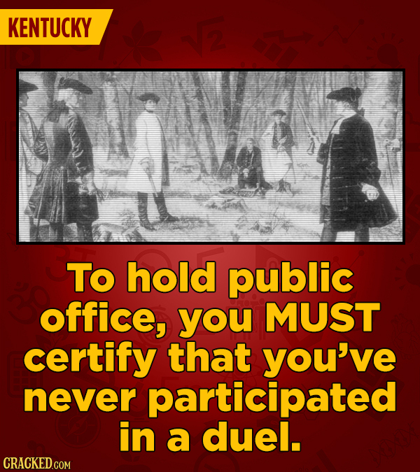KENTUCKY To hold public office, you MUST certify that you've never participated in a duel.