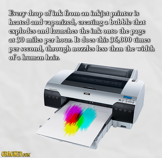 Every drop of ink from an inkjet printer is heated and vaporized, creating bubble a that explodes and launches the ink onto the page at 30 miles per h
