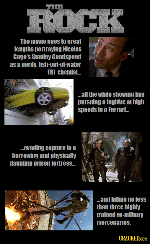 ROCK The movie goes to great lengths portraying Nicolas Cage's Stanley Goodspeed as a nerdy, sh-out-of-water FBI chemist.... ...all the while showing