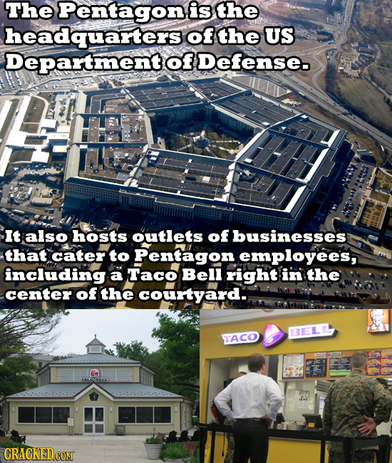 The Pentagon is the headquarters of the US Department ofDefenseo It also hosts outlets of businesses that cater to Pentagon employees, including a Tac