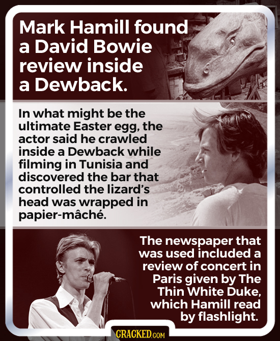 Mark Hamill found a David Bowie review inside a Dewback. In what might be the ultimate Easter egg, the actor said he crawled inside a Dewback while filming in Tunisia and discovered the bar that controlled the lizard's head was wrapped in paper-mache. The newspaper that was used included a review of a concert in Paris given by The Thing White Duke, which Hamill read by flashlight.