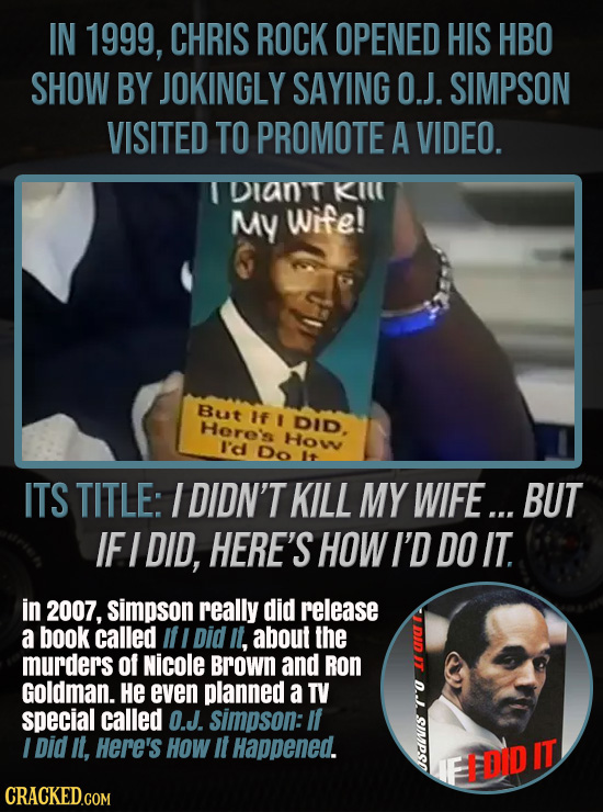 IN 1999, CHRIS ROCK OPENED HIS HBO SHOW BY JOKINGLY SAYING O.J. SIMPSON VISITED TO PROMOTE A VIDEO. DIanT KILU MY wife! But If DID. Horo's How Rd Do I