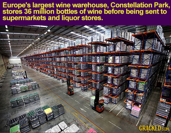 Europe's largest wine warehouse, Constellation Park, stores 36 million bottles of wine before being sent to supermarkets and liquor stores. ADMN CRACK