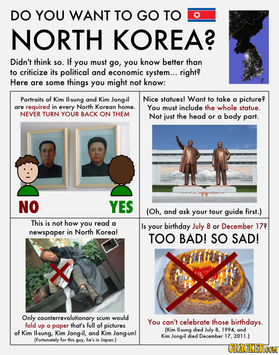 DO YOU WANT TO GO TO NORTH KOREA? Didn't think sO. If you must go, you know better than to criticize its political and economic system... right? Here