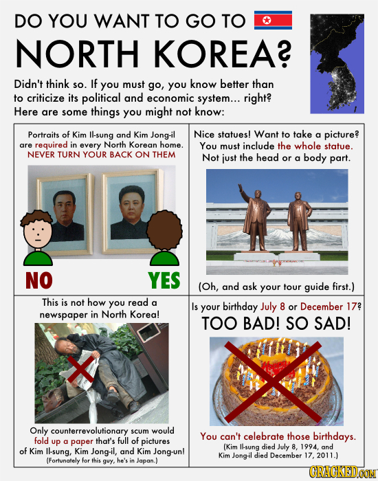DO YOU WANT TO GO TO NORTH KOREA? Didn't think sO. If you must go, you know better than to criticize its political and economic system... right? Here 