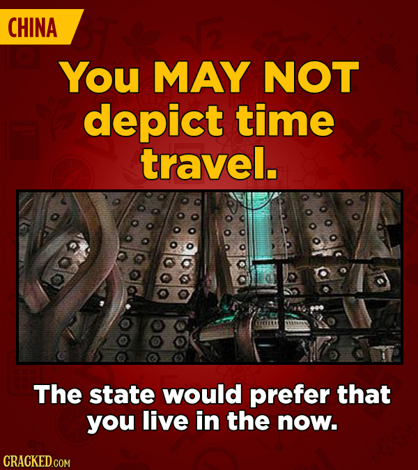 CHINA You MAY NOT depict time travel. The state would prefer that you live in the now.