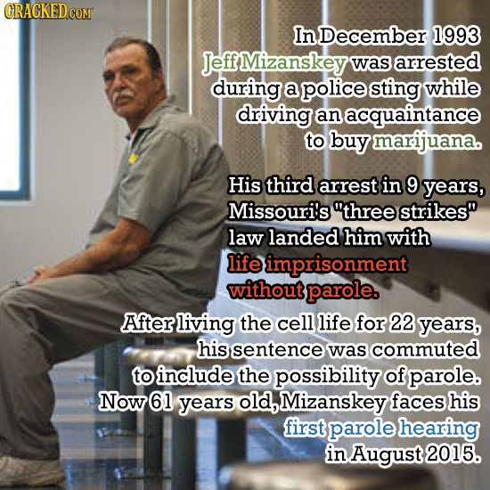 In December 1993 JeffMizanskey was arrested during a police sting while driving an acquaintance to buy marijuana. His third arrest in 9 years, Missour