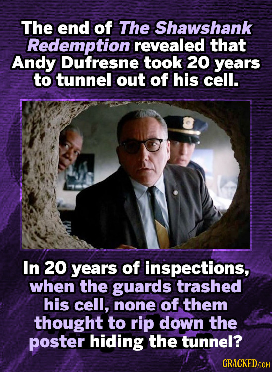 The end of The Shawshank Redemption revealed that Andy Dufresne took 20 years to tunnel out of his cell. In 20 years of inspections, when the guards t