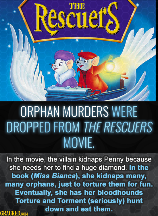 Rescuers THOE ORPHAN MURDERS WERE DROPPED FROM THE RESCUERS MOVIE. In the movie, the villain kidnaps Penny because she needs her to find a huge diamon