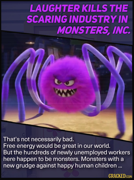 LAUGHTER KILLS THE SCARING INDUSTRY IN MONSTERS, INC. That's not necessarily bad. Free energy would be great in our world. But the hundreds of newly u