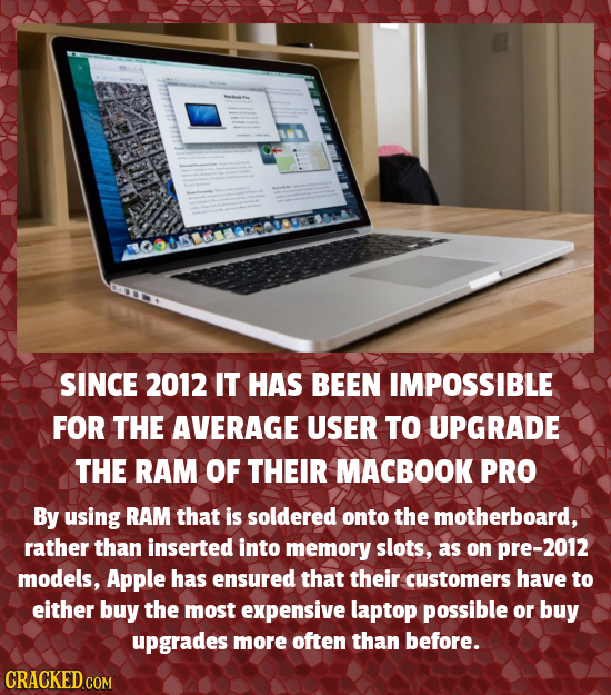 SINCE 2012 IT HAS BEEN IMPOSSIBLE FOR THE AVERAGE USER TO UPGRADE THE RAM OF THEIR MACBOOK PRO By using RAM that is soldered onto the motherboard, rat