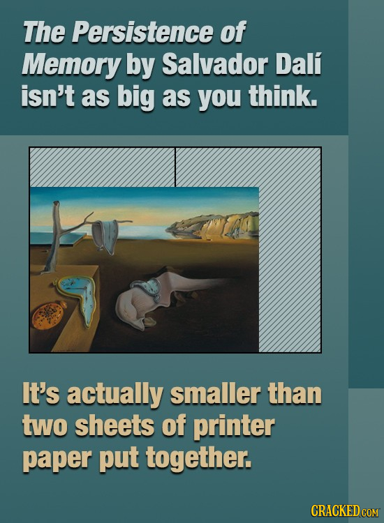 The Persistence of Memory by Salvador Dali isn't as big as you think. It's actually smaller than two sheets of printer paper put together.