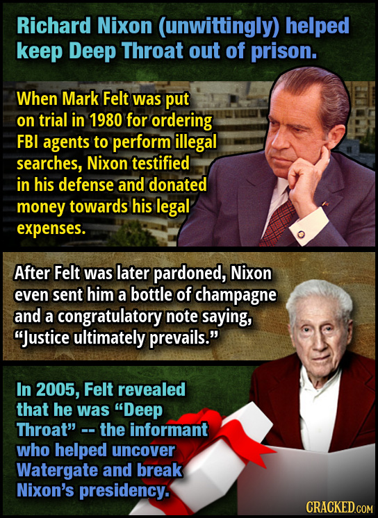 Richard Nixon (unwittingly) helped keep Deep Throat out of prison. When Mark Felt was put on trial in 1980 for ordering FBI agents to perform illegal