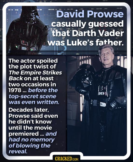 David Prowse casually guessed that Darth Vader was Luke's father. The actor spoiled the plot twist of The Empire Strikes Back on at least two occasion