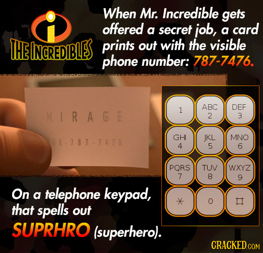 When Mr. Incredible gets offered a secret job, a card THE INCREDIBLES prints out with the visible phone number: 787-7476. ABC DEF MIRAGE 1 2 3 GHI JKL