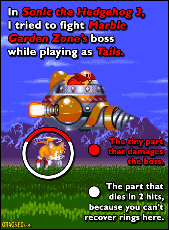 In Sonic the Hedgehog 3, 0 tried to fight Marble Garden Zone's boss while playing as Tails. AW The tiny part that damages the boss. The part that dies