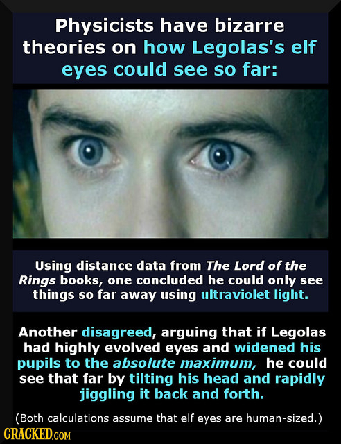 Physicists have bizarre theories on how Legolas's elf eyes could see so far: Using distance data from The Lord of the Rings books, one concluded he co