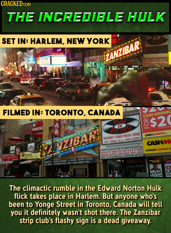 CRACKED.COM THE INCREDIBLE HULK SET IN: HARLEM. NEW YORK FIANZIBAR! FILMED IN: TORONTO. CANADA SZV ADVANC CASH DLAY $2 DE BUFTIT PALA PAL R RECORD FO
