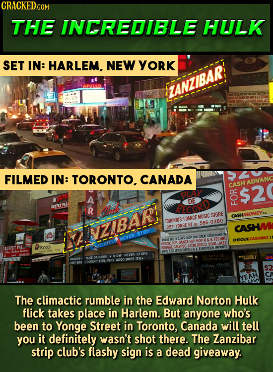 CRACKED.COM THE INCREDIBLE HULK SET IN: HARLEM. NEW YORK FIANZIBAR! FILMED IN: TORONTO. CANADA SZV ADVANC CASH DLAY $2 DE BUFTIT PALA PAL R RECORD FO 