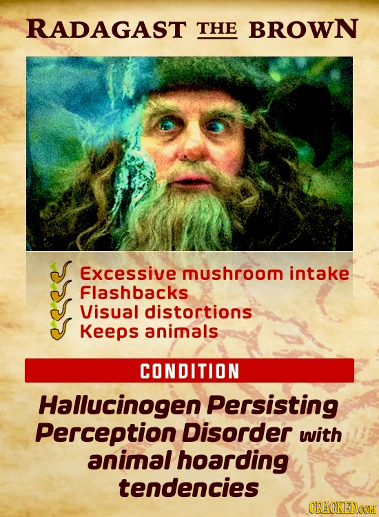 RADAGAST THE BROWN Excessive mushroom intake Flashbacks Visual distortions Keeps animals CONDITION Hallucinogen Persisting Perception Disorder with an