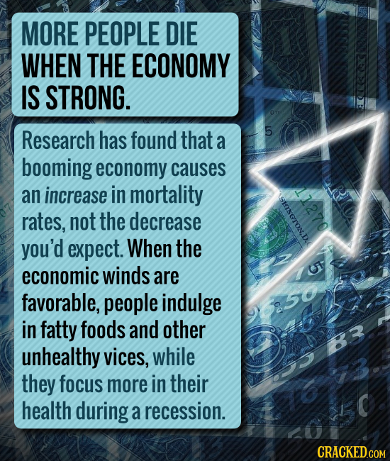MORE PEOPLE DIE WHEN THE ECONOMY IS STRONG. Research has found that 5 a booming economy causes an increase in mortality 411270 ISHINGTOND rates, not t