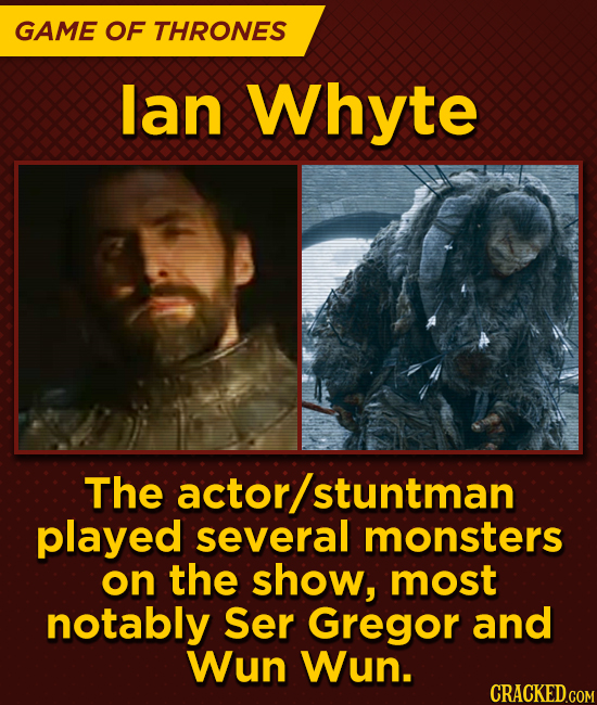 GAME OF THRONES lan Whyte The actor/ stuntman played several monsters on the show, most notably Ser Gregor and Wun Wun.