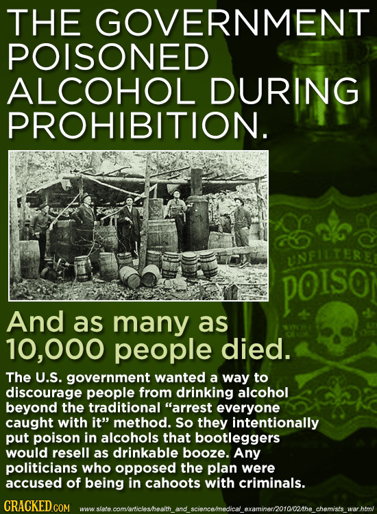 THE GOVERNMENT POISONED ALCOHOL DURING PROHIBITION. UNFILTERE POISO And as many as 10,000 people died. The U.S. government wanted a way to discourage