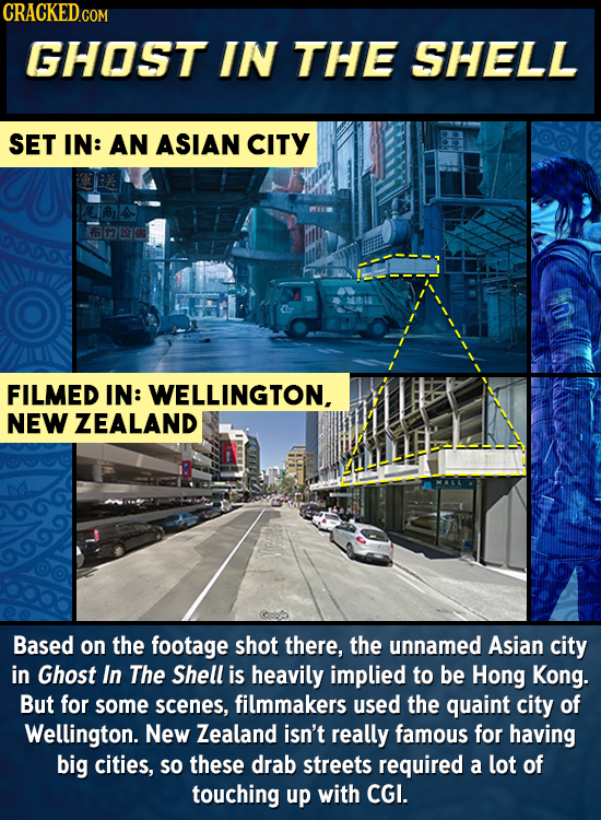 CRACKED.COM GHOST IN THE SHELL SET IN: AN ASIAN CITY FILMED IN: WELLINGTON. NEW ZEALAND Based on the footage shot there, the unnamed Asian city in Gho