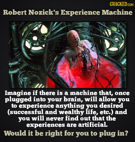 CRACKED COM Robert Nozick's Experience Machine Imagine if there is a machine that, once plugged into your brain, will allow you to eXpERIENCE anything