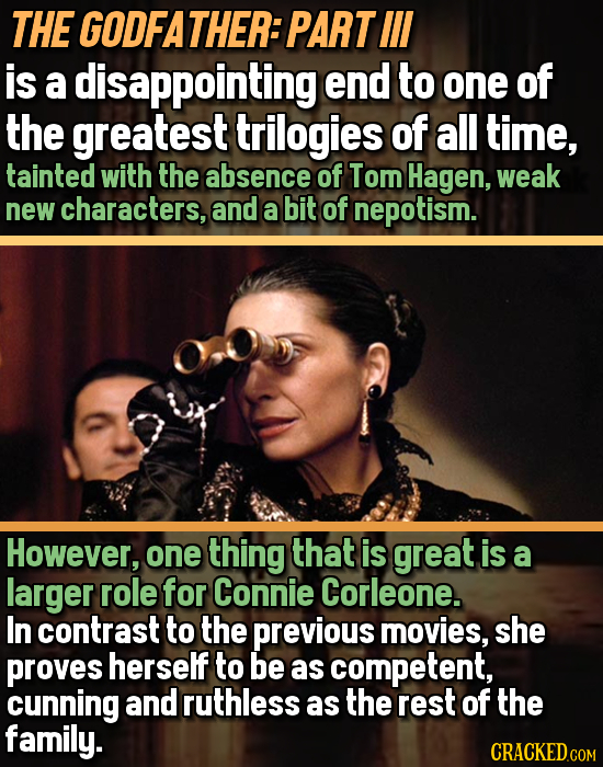 THE GODFATHER: PART Il is a disappointing end to one of the greatest trilogies of all time, tainted with the absence of Tom Hagen, weak new characters