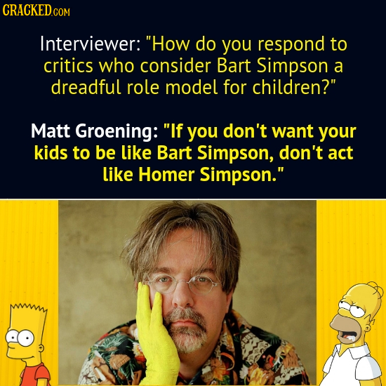 CRACKEDCON Interviewer: How do you respond to critics who consider Bart Simpson a dreadful role model for children? Matt Groening: If you don't wan
