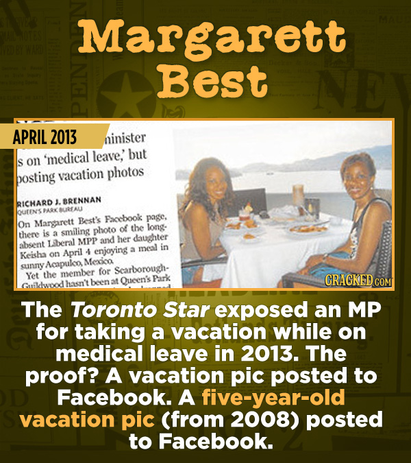 15 Of The Most Shameful Cases Of False Reporting From The Media - The Toronto Star exposed an MP for taking a vacation while on medical leave in 2013.