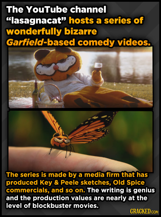 The YouTube channel lasagnacat hosts a series of wonderfully bizarre Garfield-based comedy videos. The series is made by a media firm that has produ