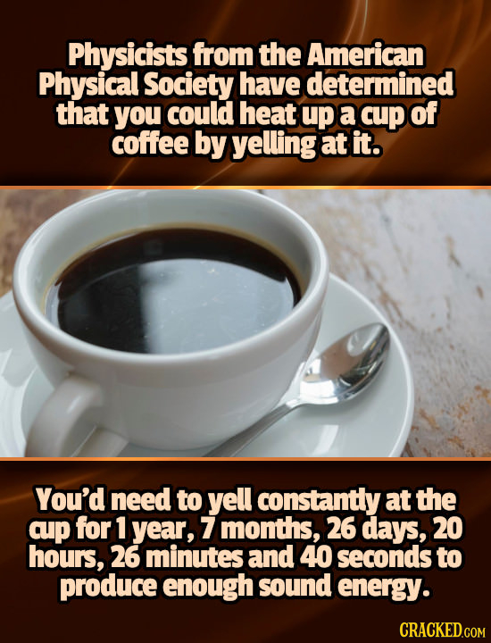 Physicists from the American Physical Society have determined that you could heat up a cup of coffee by yelling at it. You'd need to yell constantly a