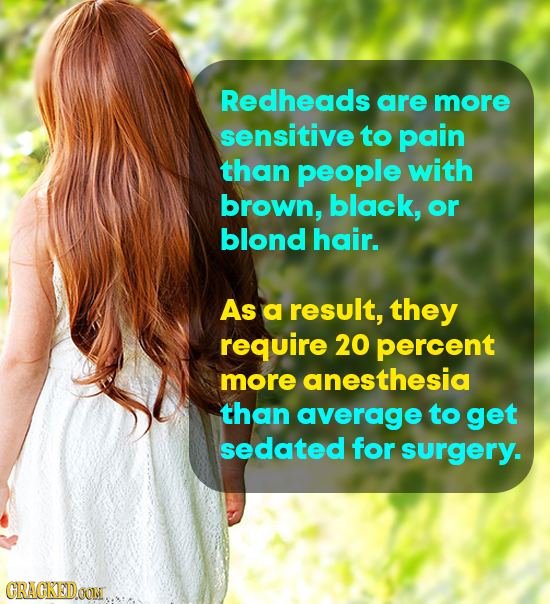 Redheads are more sensitive to pain than people with brown, black, or blond hair. As a result, they require 20 percent more anesthesia than average to