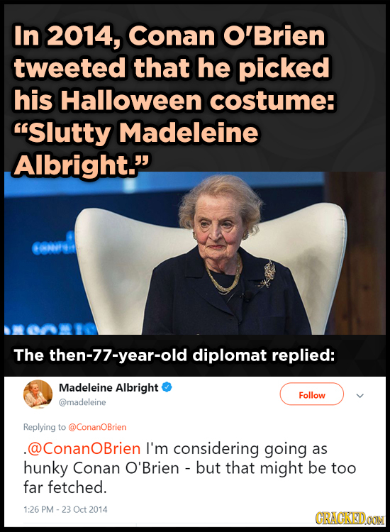 In 2014, Conan O'Brien tweeted that he picked his Halloween costume: Slutty Madeleine Albright. The then-77-year-old diplomat replied: Madeleine Alb