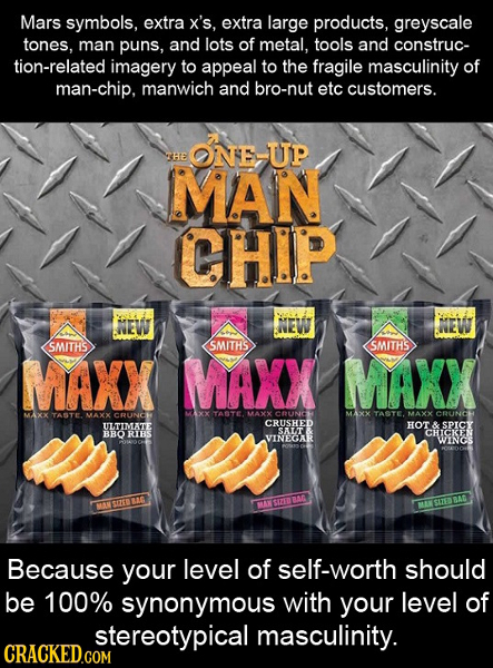 Mars symbols, extra x's, extra large products, greyscale tones, man puns, and lots of metal, tools and construc- tion-related imagery to appeal to the