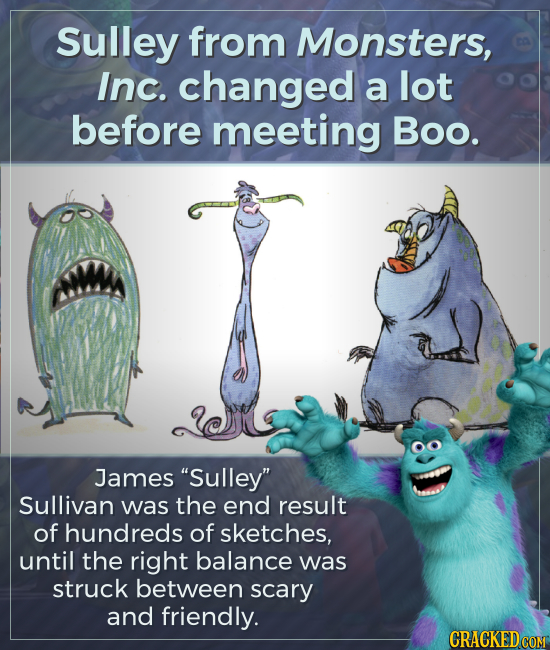Sulley from Monsters, Inc. changed a lot before meeting Boo. James Sulley Sullivan was the end result of hundreds of sketches, until the right balan